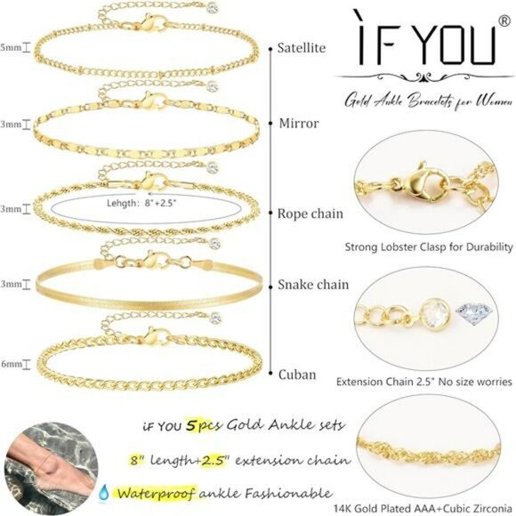 Gold Anklet Set for Women 14K Plated Waterproof Layered Cuban Chain Bracelets - Picture 4 of 6